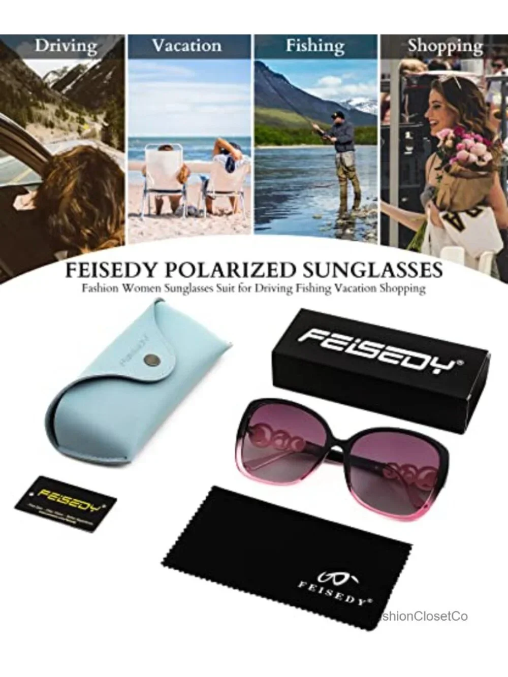 Oversized Square Frame Sunglasses with Pearl Sparkling, Polarized UV Protection